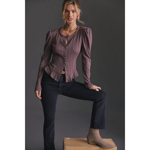 Anthropologie Sweaters - Pilcro x Anthropologie Puff Sleeve Top Mauve Ribbed Crop Cardigan Women's XL